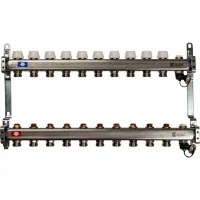 Блок коллекторный с ручными регулировочными клапанами 1'x10 выходов 3/4' НР евроконус с воздухоотводчиком и сливом STOUT RG008Q1TNQADCT